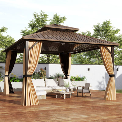 14 x 12 FT Hardtop Gazebo Outdoor Pergola for Patio Garden Deck Lawn Backyard Party Tent-Coffee