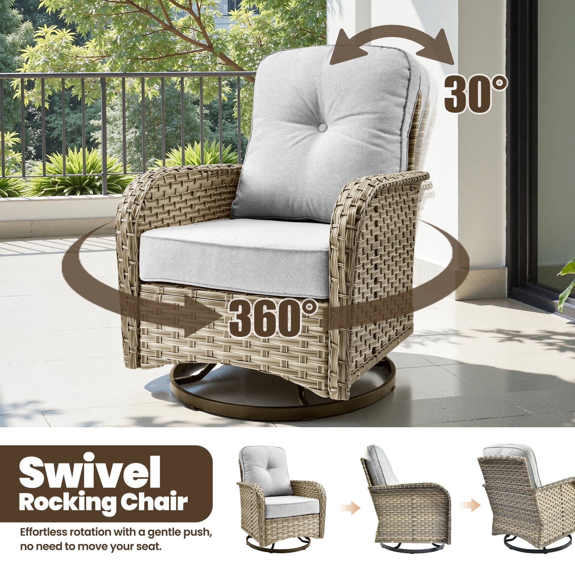 9 Pieces Patio Furniture Set outside Furniture Wicker Patio Conversation Set with Swivel Chairs, Outdoor Furniture for Garden, Gray