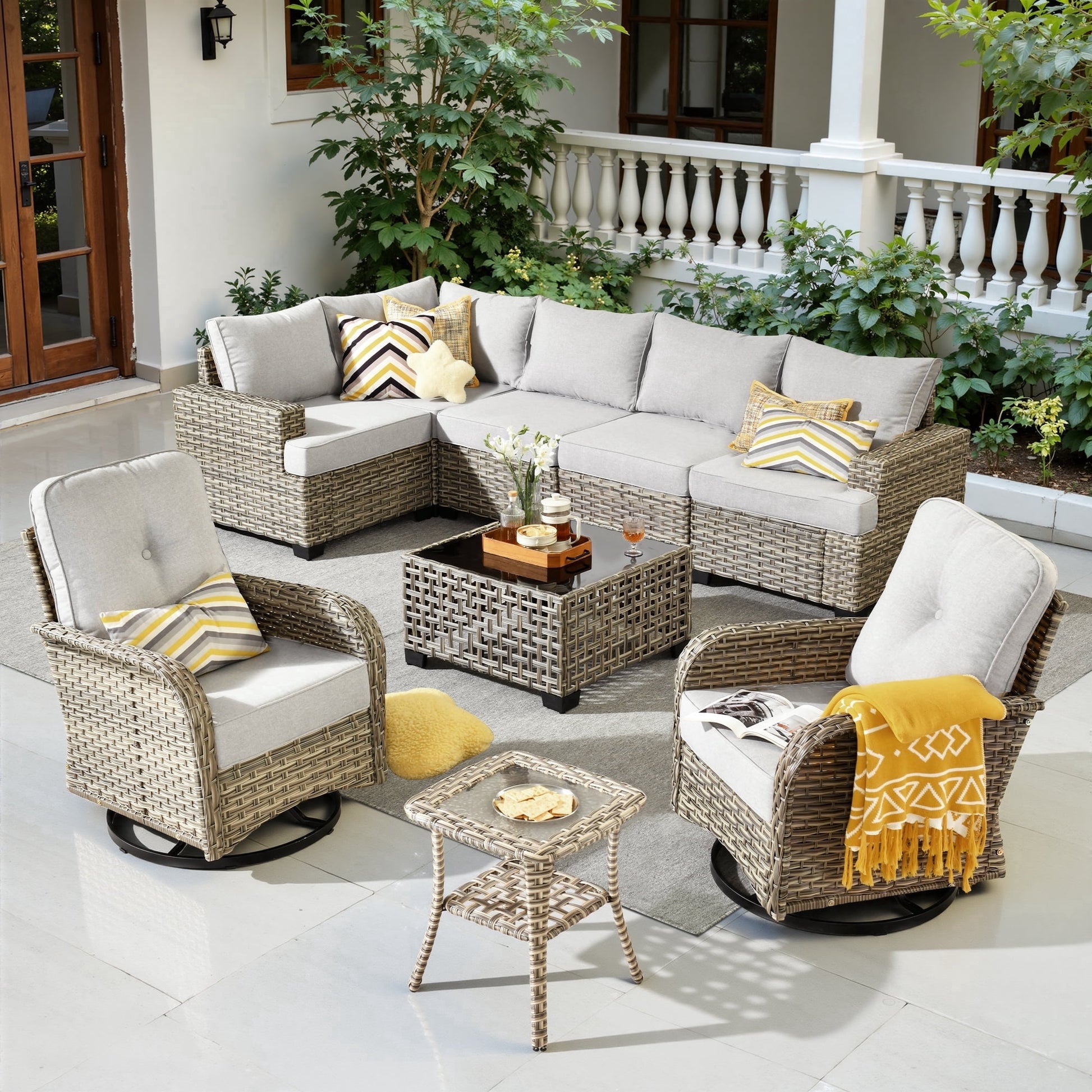 9 Pieces Patio Furniture Set outside Furniture Wicker Patio Conversation Set with Swivel Chairs, Outdoor Furniture for Garden, Gray