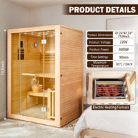 2-3 Person Traditional Steam Sauna, Flat Frame Home Sauna with 3000W, LED Lights, Speaker, Adjustable Temp, 10-Yr Warranty