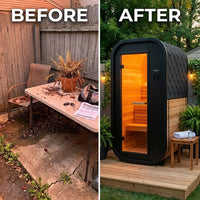 1-2 Person Outdoor Traditional Steam Sauna, Weatherproof Square Sauna Cabin with Black Trim, Natural Spruce Wood Sauna Room, LED Strip & Panoramic Glass Door, for Backyard Garden Home Spa, Relaxation — Before & After