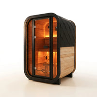 1-2 Person Outdoor Traditional Steam Sauna, Weatherproof Square Sauna Cabin with Black Trim, Natural Spruce Wood Sauna Room, LED Strip & Panoramic Glass Door, for Backyard Garden Home Spa, Relaxation — Studio Shot