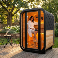 1-2 Person Outdoor Traditional Steam Sauna, Weatherproof Square Sauna Cabin with Black Trim, Natural Spruce Wood Sauna Room, LED Strip & Panoramic Glass Door, for Backyard Garden Home Spa, Relaxation — Lifestyle