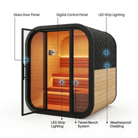 1-2 Person Outdoor Traditional Steam Sauna, Weatherproof Square Sauna Cabin with Black Trim, Natural Spruce Wood Sauna Room, LED Strip & Panoramic Glass Door, for Backyard Garden Home Spa, Relaxation — How It Works