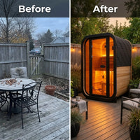 Outdoor Traditional Sauna Built for Backyard Wellness, Natural Pine Wood, LED Lighting, 1-2 Person Capacity — Before & After
