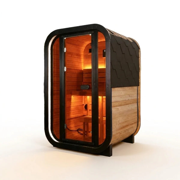 Outdoor Traditional Sauna Built for Backyard Wellness, Natural Pine Wood, LED Lighting, 1-2 Person Capacity — Studio Shot