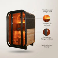 Outdoor Traditional Sauna Built for Backyard Wellness, Natural Pine Wood, LED Lighting, 1-2 Person Capacity — infographic