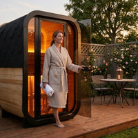 Outdoor Traditional Sauna Built for Backyard Wellness, Natural Pine Wood, LED Lighting, 1-2 Person Capacity — Lifestyle