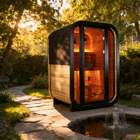 1-2 Person Outdoor Traditional Steam Sauna, Weatherproof Square Sauna Cabin with Black Trim, Natural Spruce Wood Sauna Room, LED Strip & Panoramic Glass Door, for Backyard Garden Home Spa, Relaxation