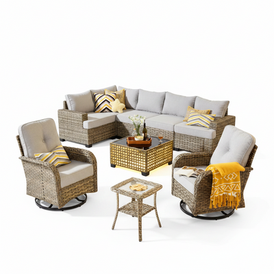 9 Pieces Patio Furniture Set outside Furniture Wicker Patio Conversation Set with Swivel Chairs, Outdoor Furniture for Garden, Gray