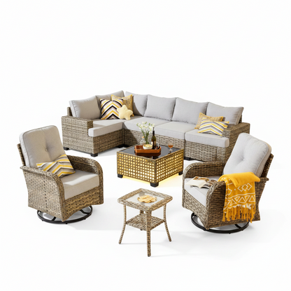 9 Pieces Patio Furniture Set outside Furniture Wicker Patio Conversation Set with Swivel Chairs, Outdoor Furniture for Garden, Gray
